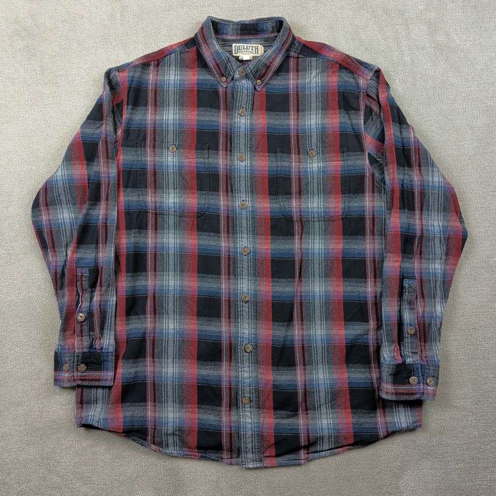 Duluth Trading Co Flannel Shirt Mens XL Tall Red Blue Plaid Relaxed Fit Cotton